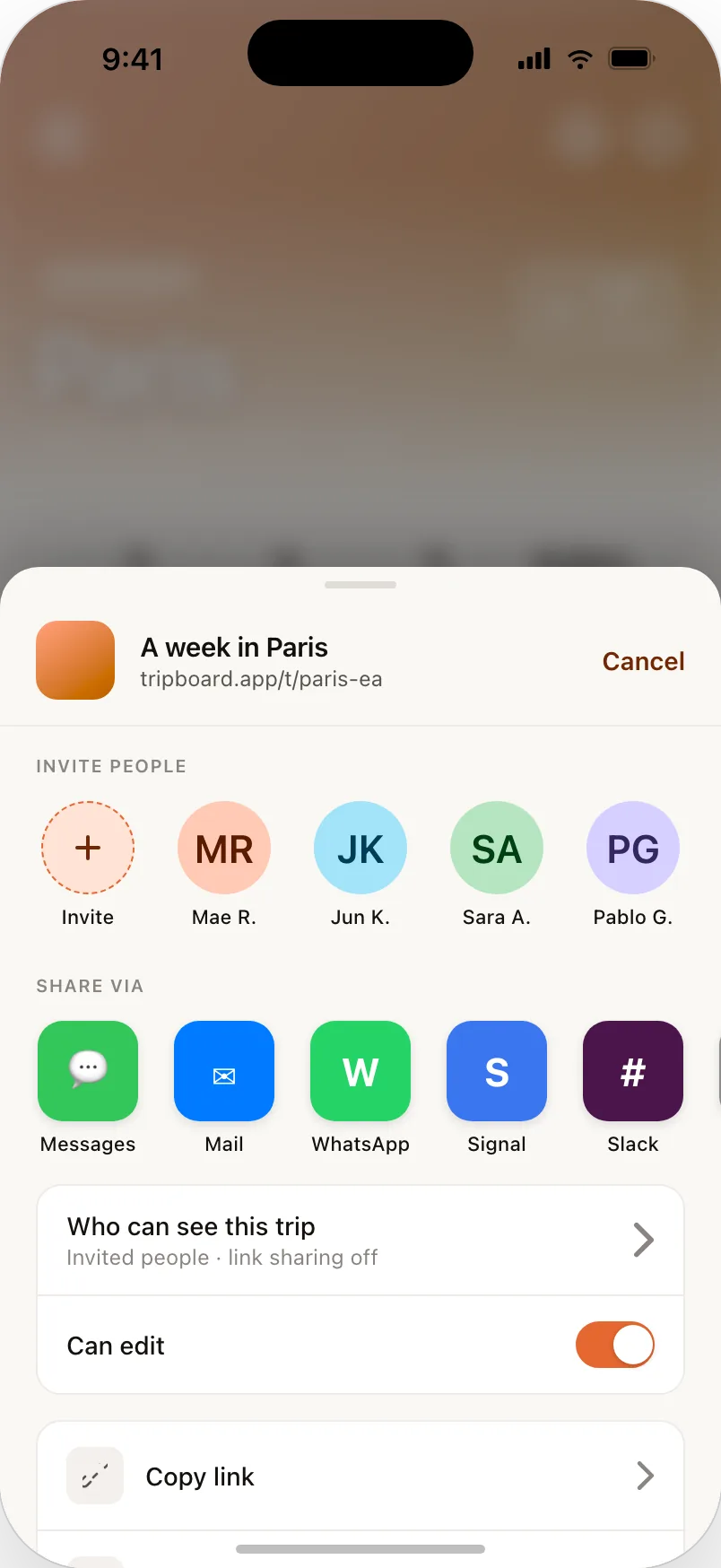 The trip sharing sheet for inviting people to a Paris trip, with edit permissions