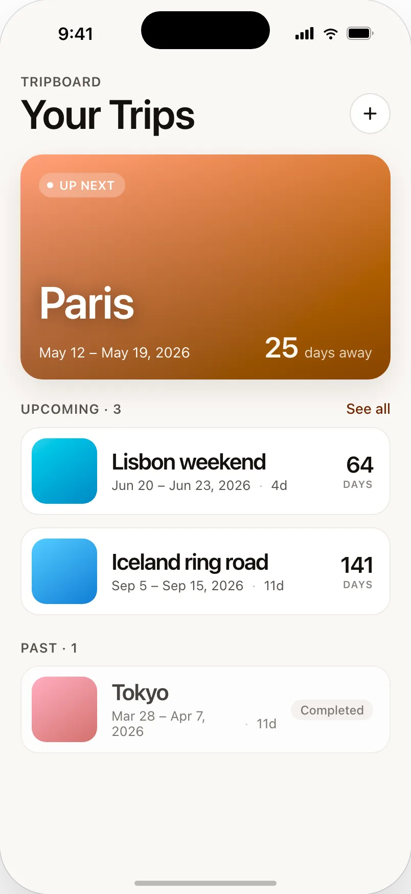 TripBoard's trips list showing an upcoming trip to Paris with a countdown, plus upcoming and past trips